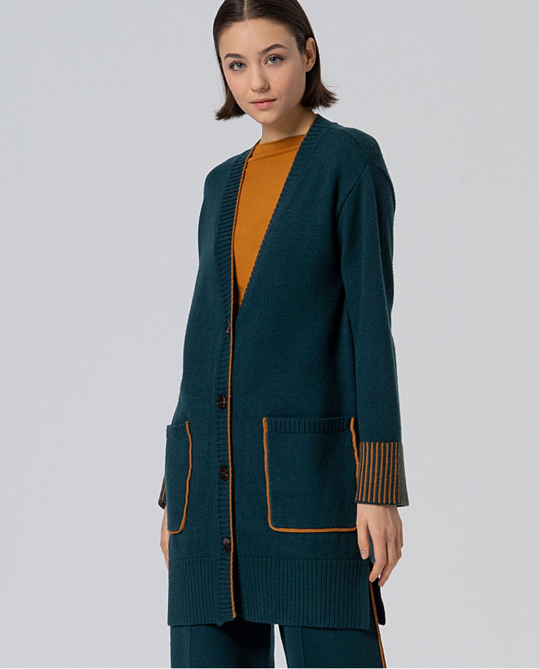Long cardigan avec poches et détails Vert bouteille