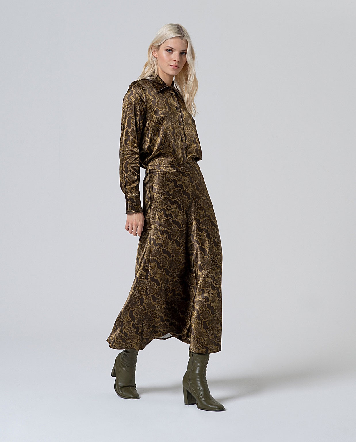 Gonna midi stretch con stampa animalier Kaki
