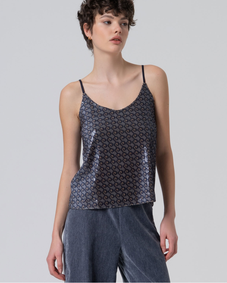 Printed sequin party top. Navy blue