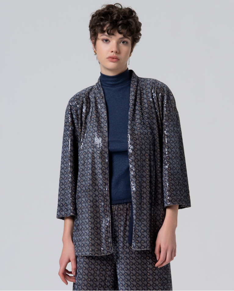 Kimono à paillettes doublé de satin Bleu marine