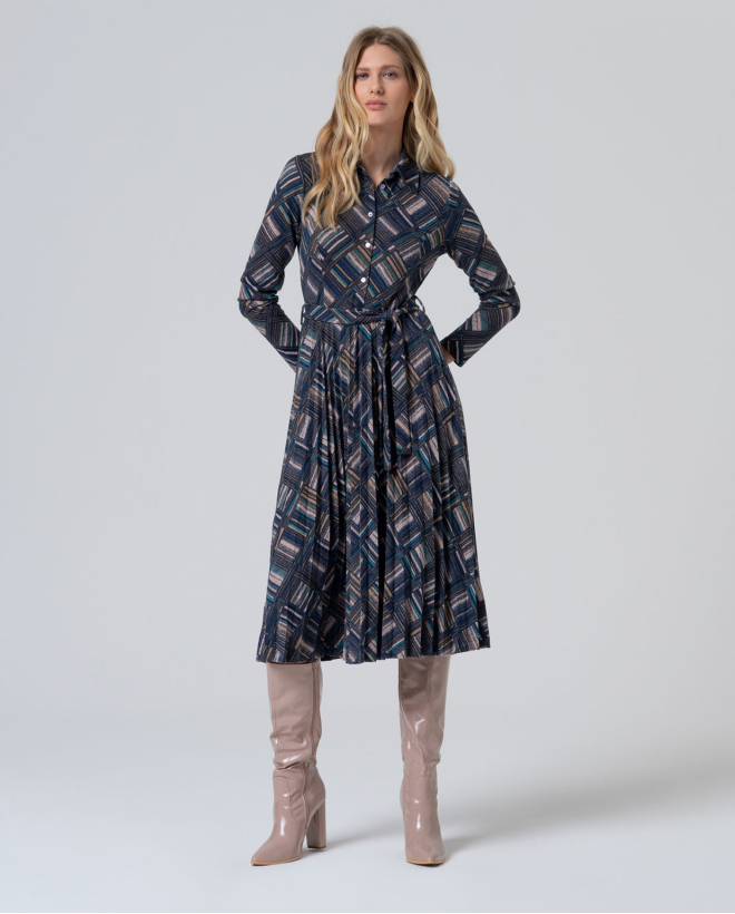 Robe chemise géométrique avec ceinture Bleu
