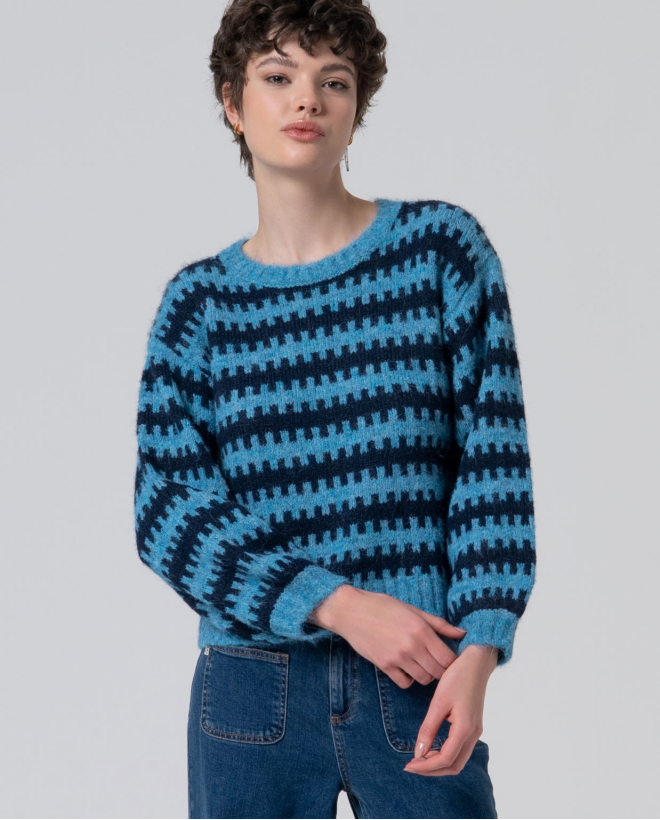 Maglione a maglia grossa riciclata bicolore Azzurro