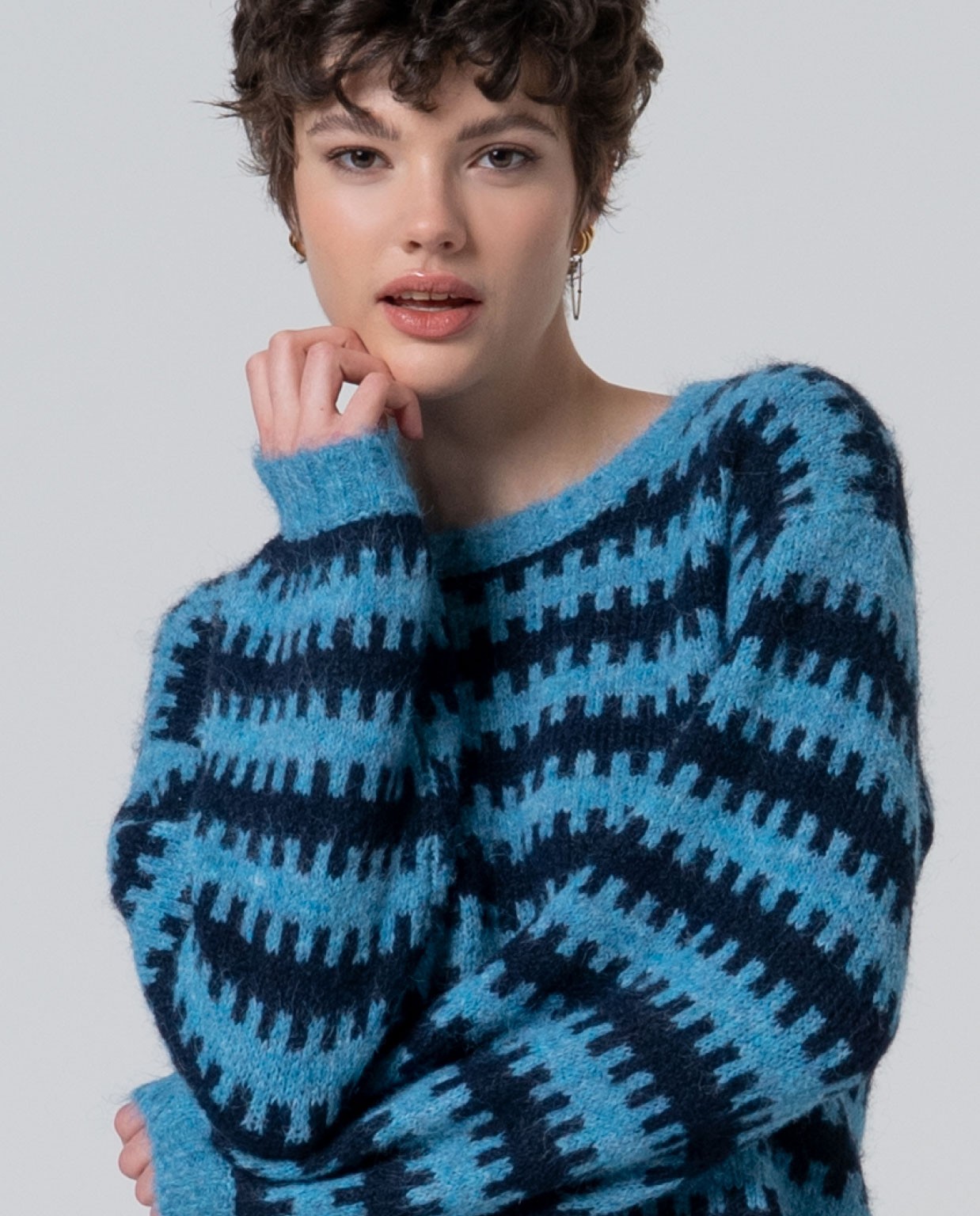 Pull en maille épaisse recyclée bicolore Bleu