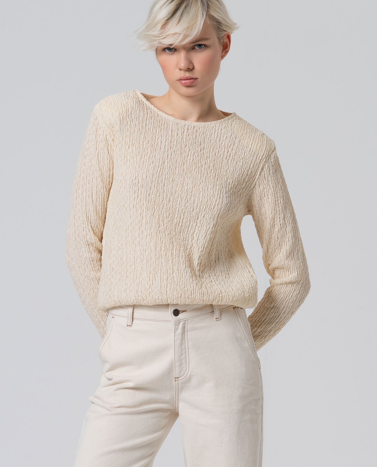 Maglietta con scollo a barca testurizzato Beige
