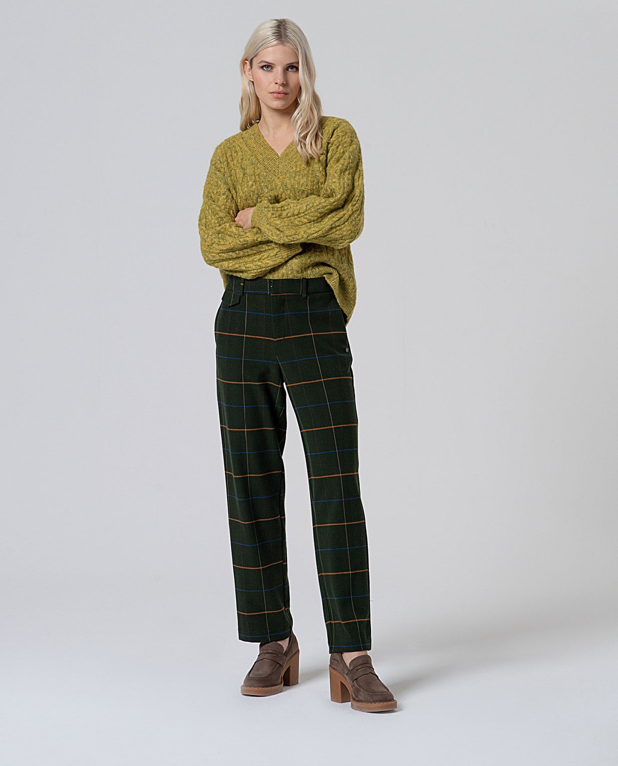 Pantaloni dritti a quadri Kaki