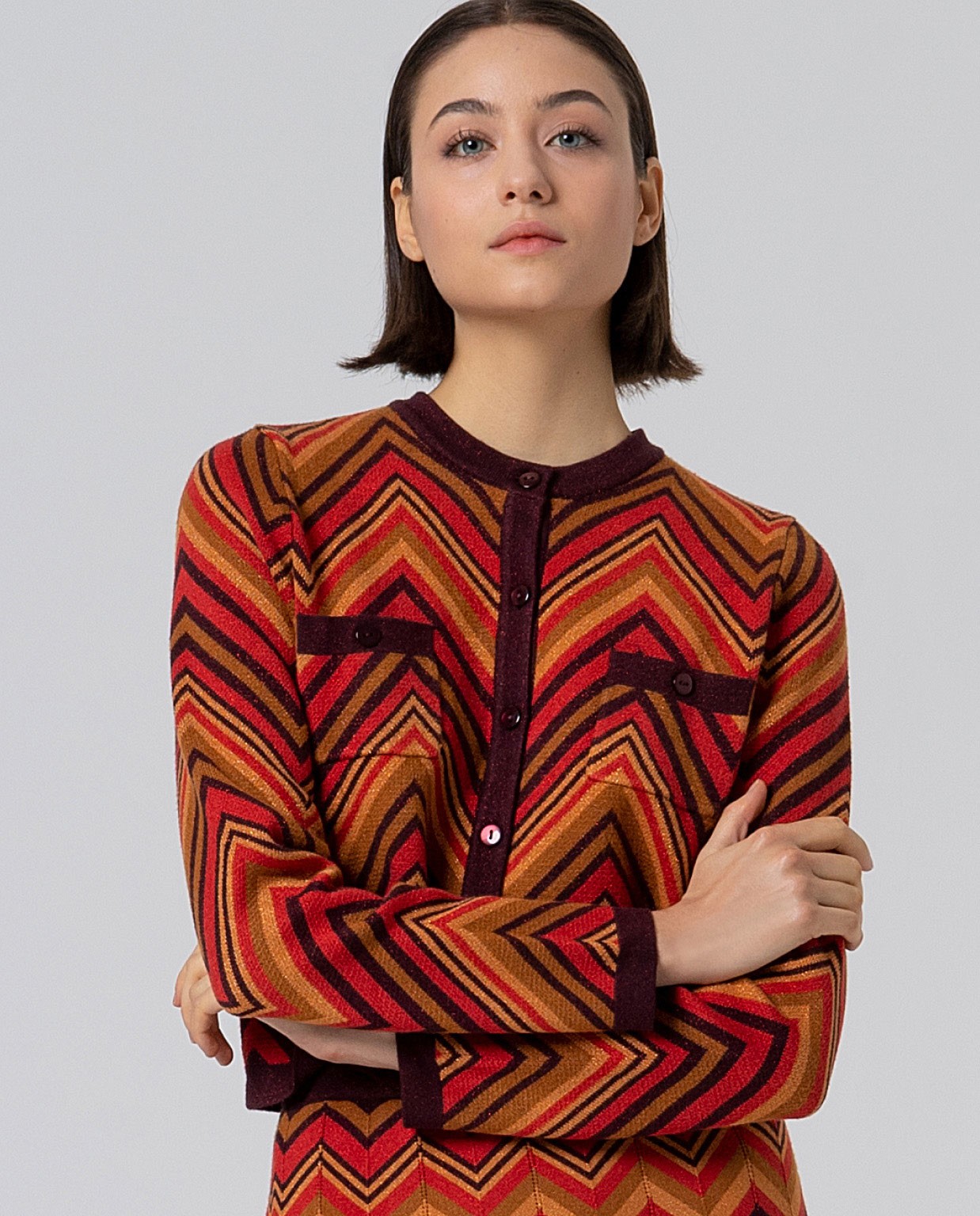 Chaqueta de punto zigzag con lurex Granate