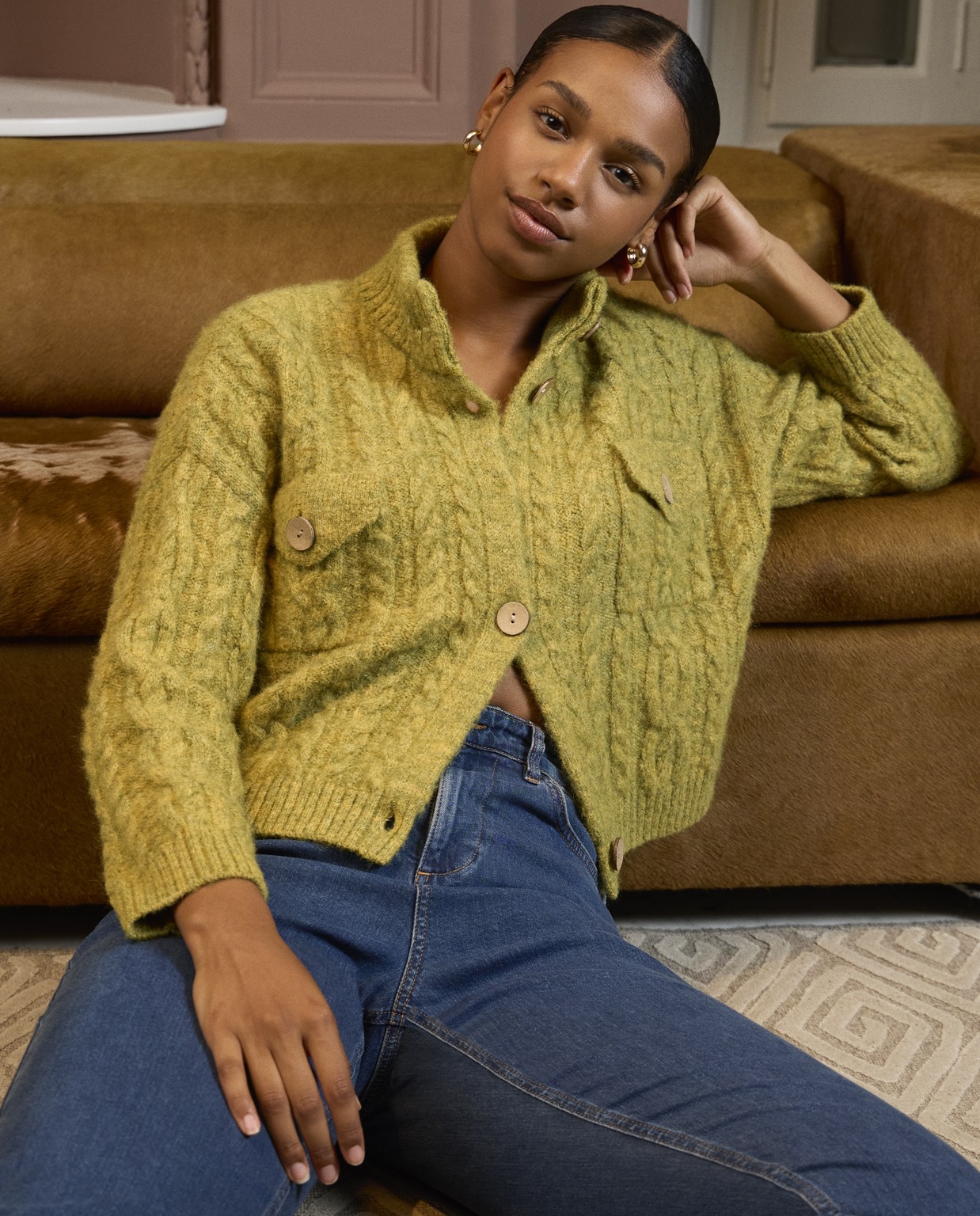 Aranese textured chunky cardigan Khaki dark