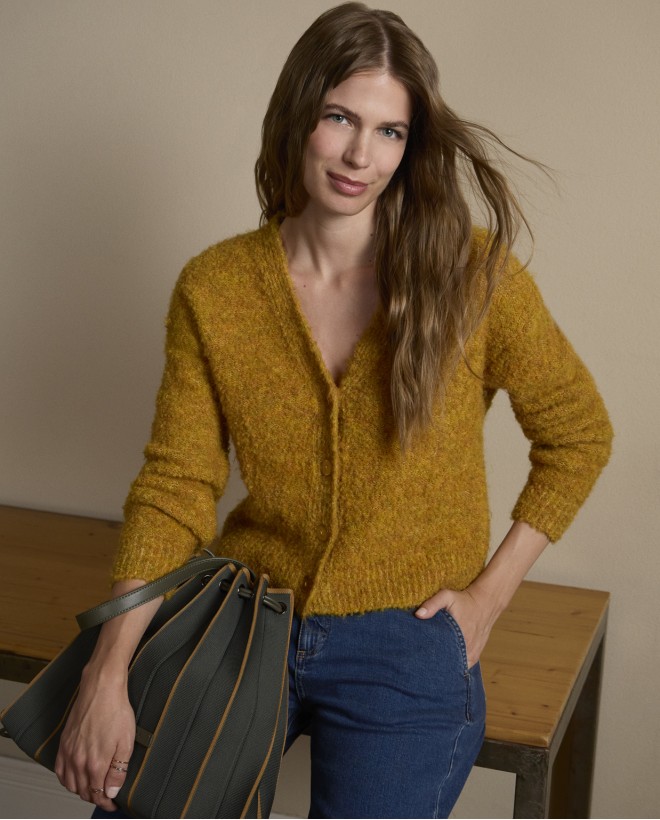 Short bouclé knit cardigan Mustard