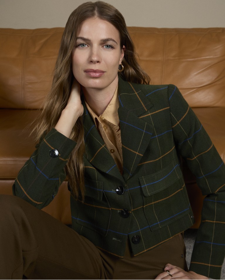 Blazer court à carreaux Khaki
