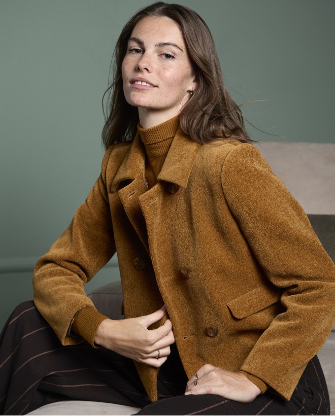 Cappotto corto in ciniglia con fodera Mostarda