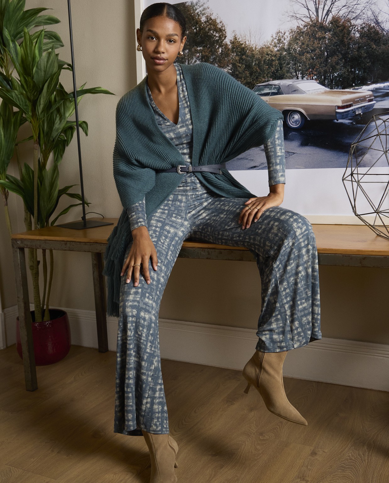 Pantalon oversize fluide imprimé Bleu acier