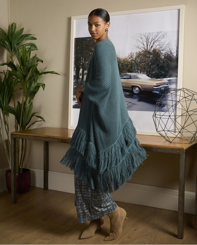 Poncho en tricot avec franges Bleu acier
