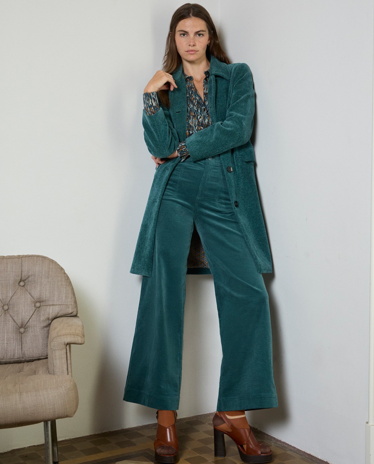 Pantalon large en velours côtelé Bleu acier