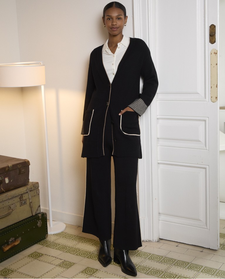 Contrast piping knit pants Black