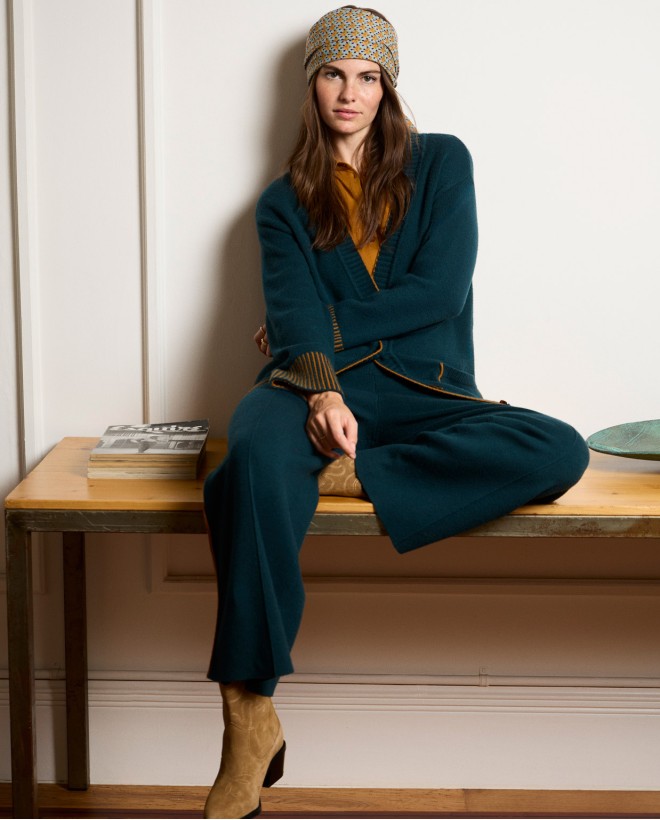 Cardigan lungo con tasche e dettagli Verde bottiglia
