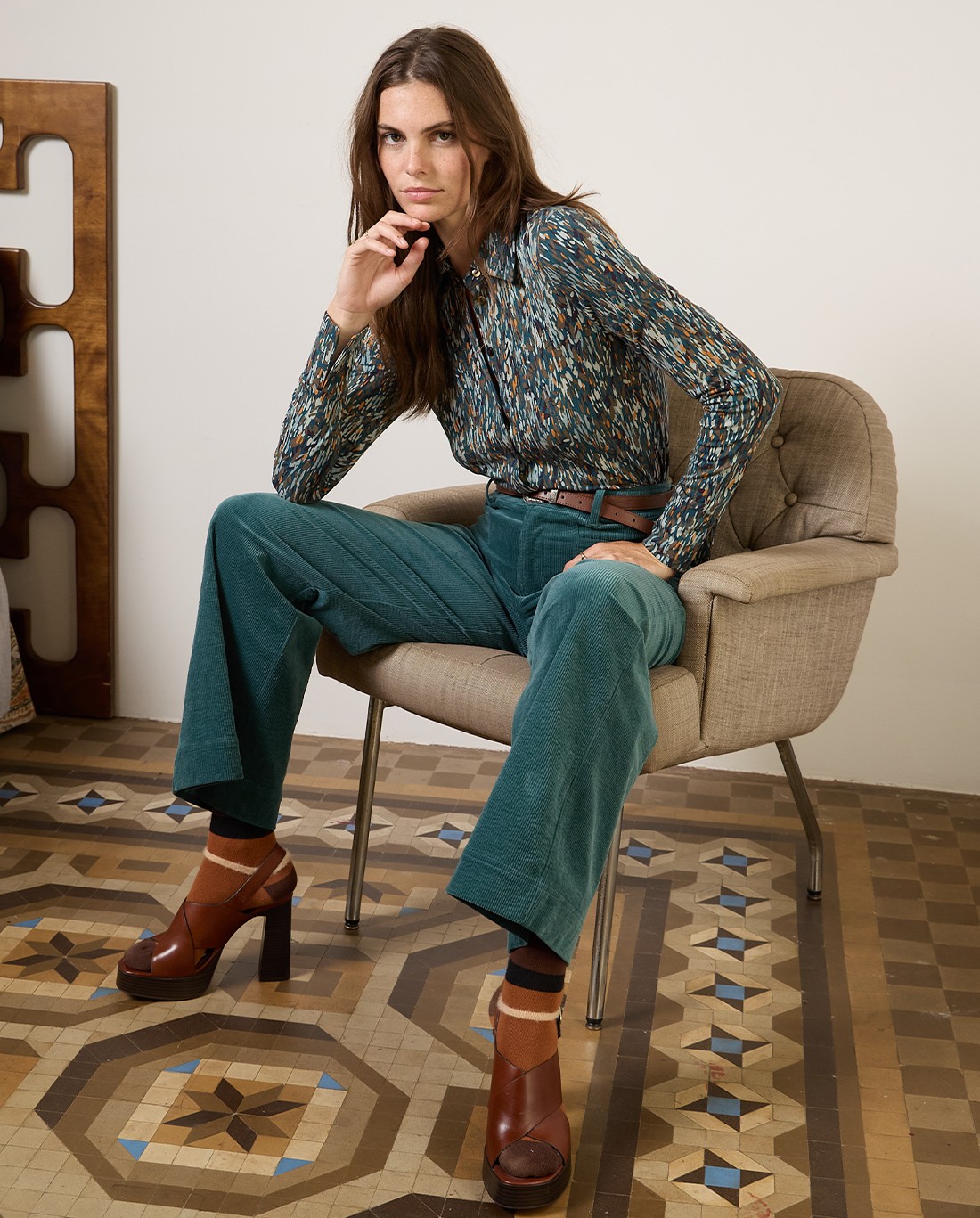 Camicia a maniche lunghe elastica e fluida Blu petrolio
