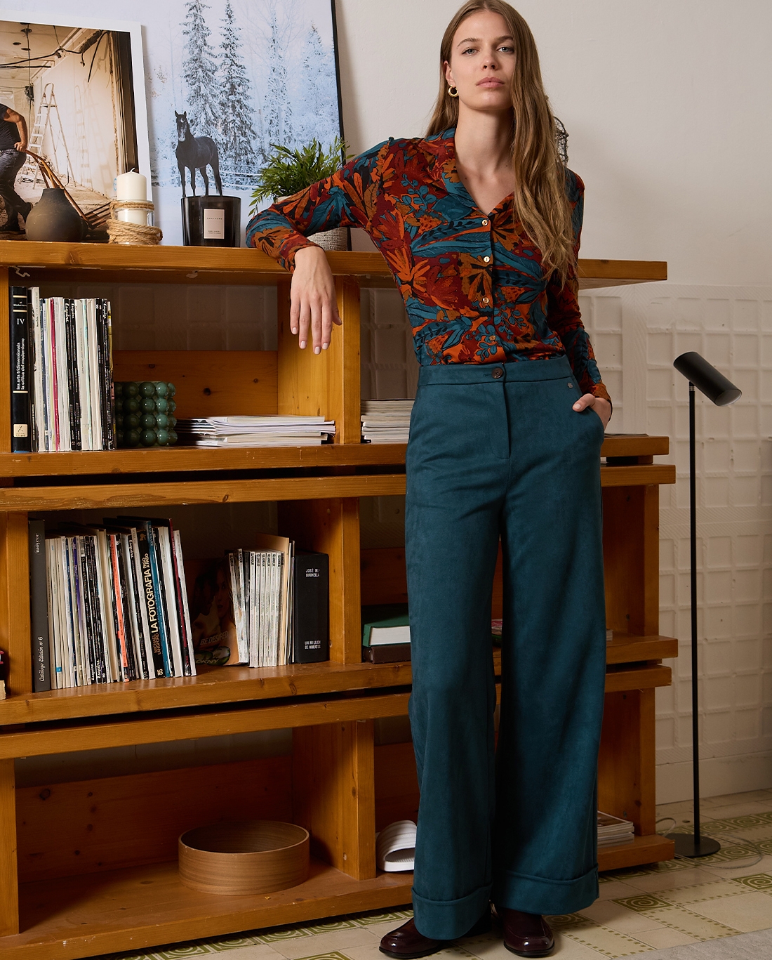 Pantalon large en velours Vert bouteille