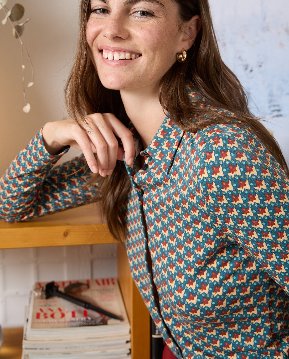 Camicia stretch con microstampa vintage Verde bottiglia