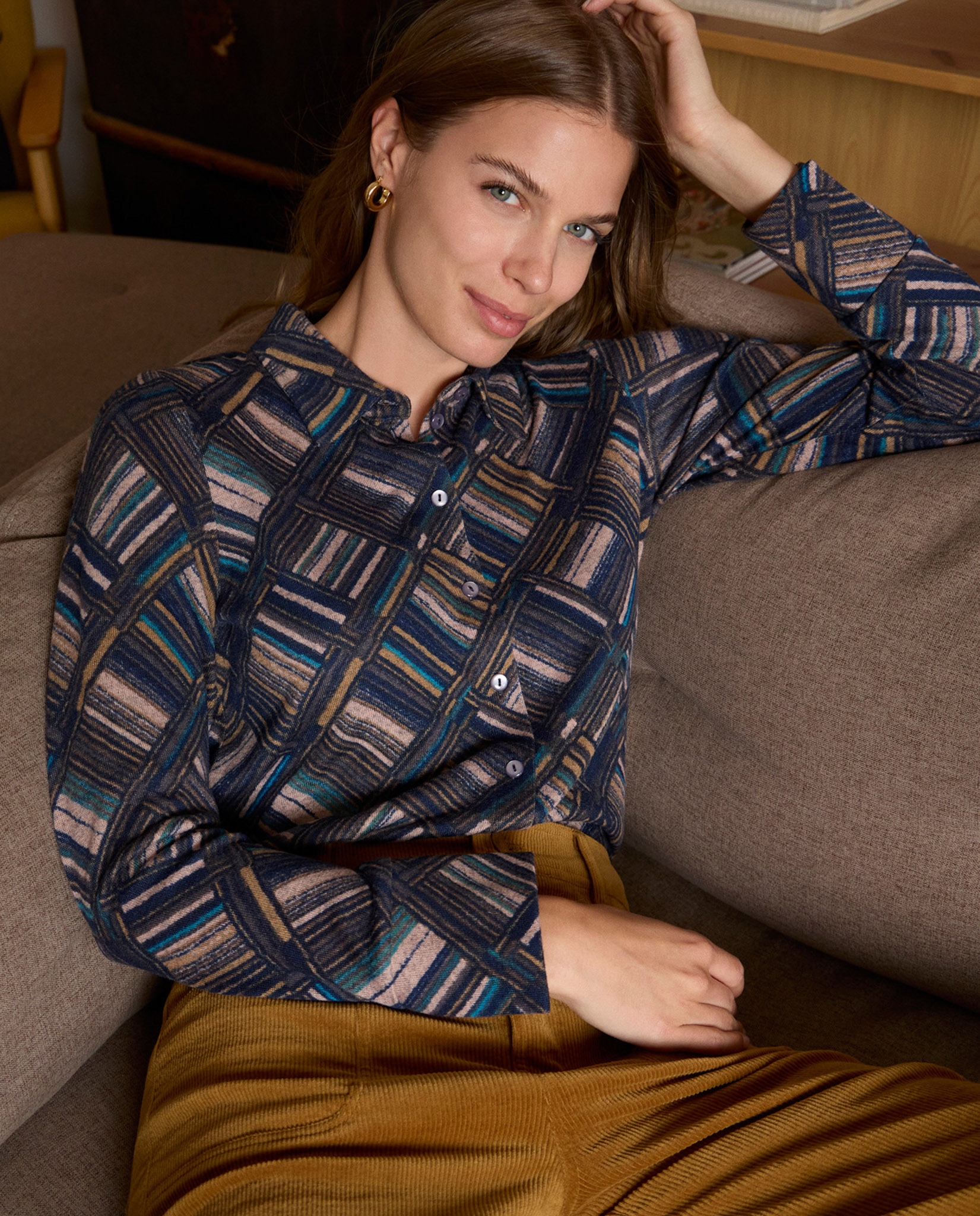 Camisa print geométrico elástica Azul