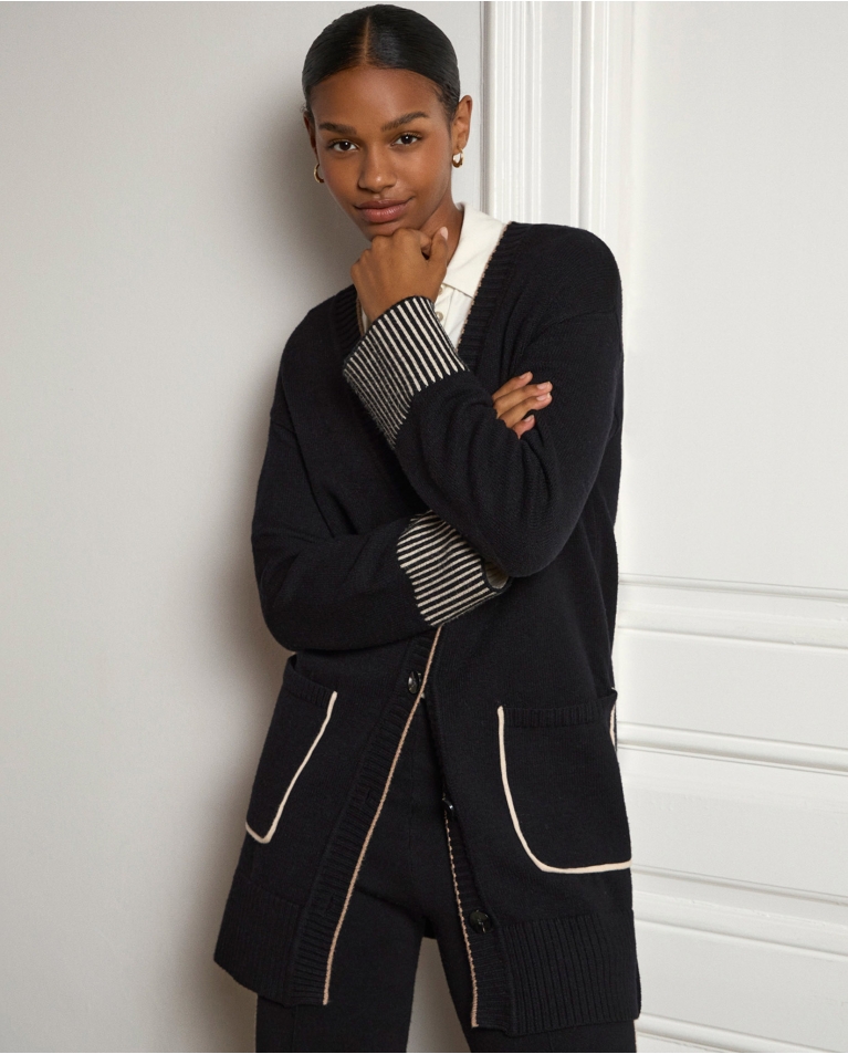 Long cardigan avec poches et détails Noir
