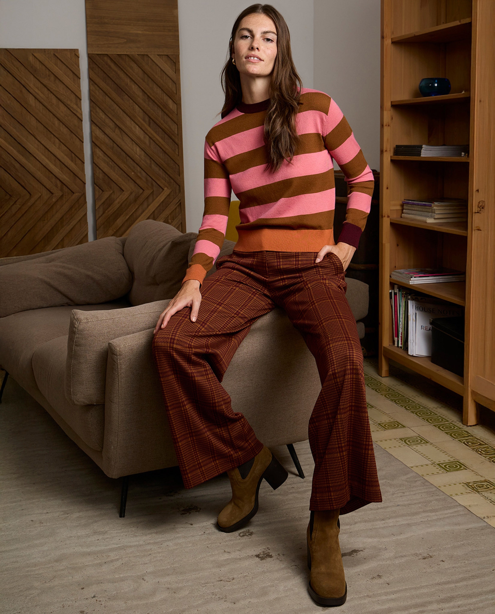 Pantalon jacquard à jambe large Brique