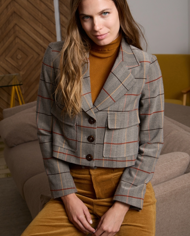 Cropped plaid blazer Camel