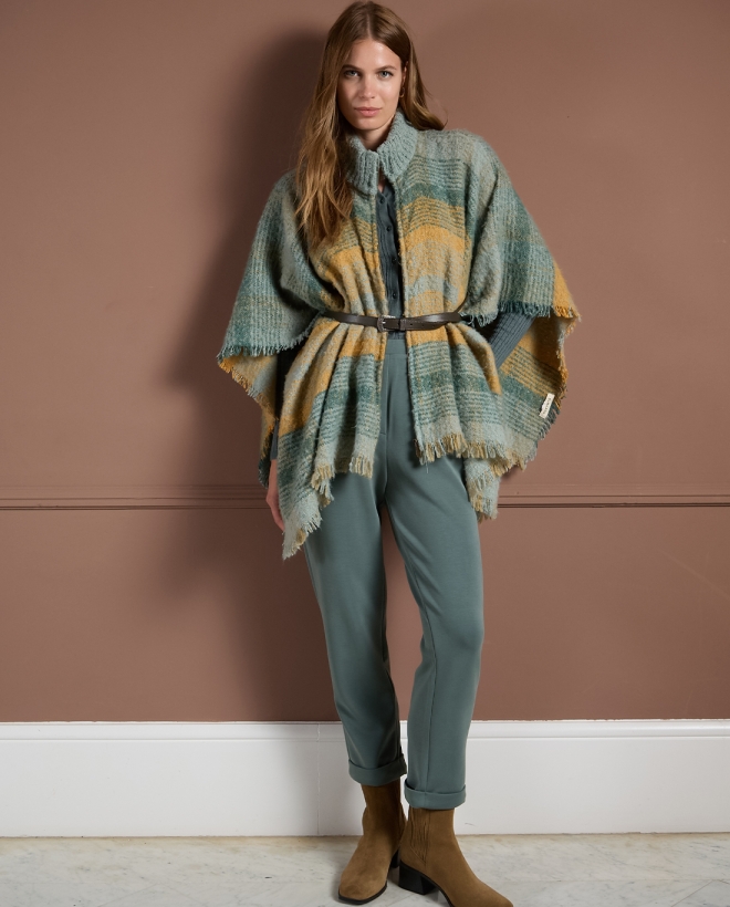 Poncho a quadri con chiusura a zip Azzurro