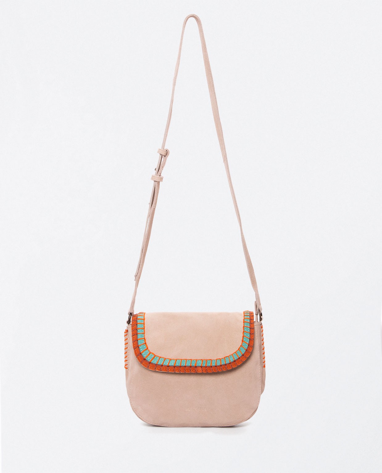 Nappa leather shoulder bag with flap and embroider Beige