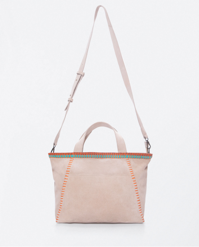 Nappa leather shopper bag with embroide details. Beige