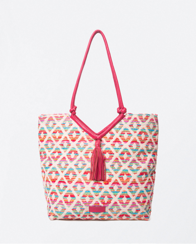Mala shopper grande com pompom central. Fúcsia