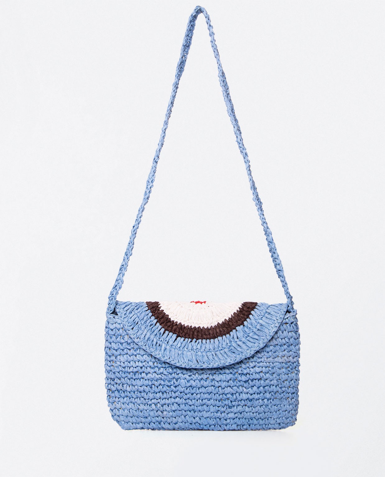 Small shoulder bag with raffia flap. e Blue