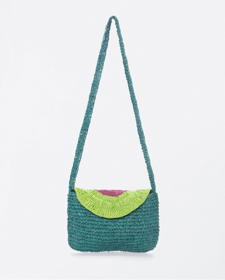 Small shoulder bag with raffia flap. e Acid green