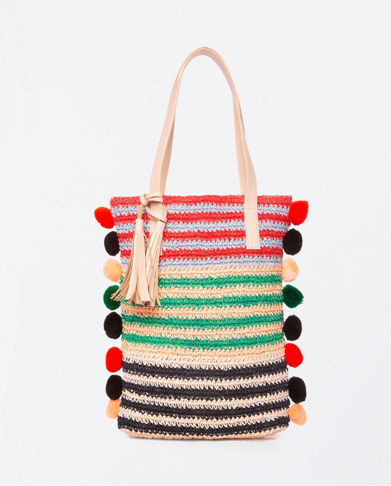 Raffia shopper bag with pompoms. Stripes Multi