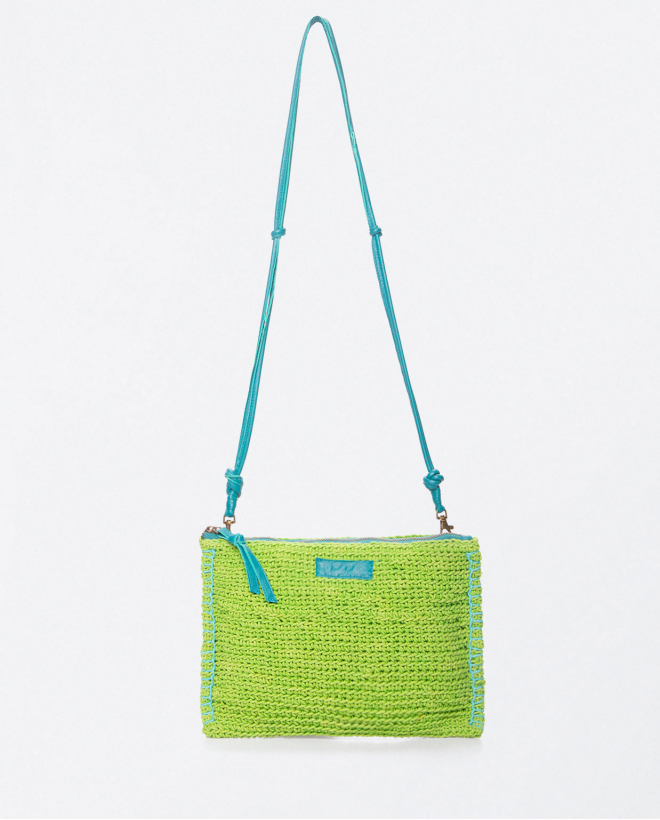 Small hand-knitted crochet shoulder bag. Acid green