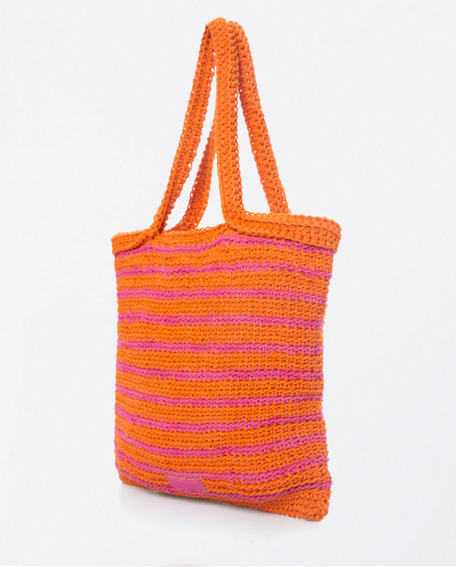 Crochet woven shoulder shopper bag. e and brown st Orange