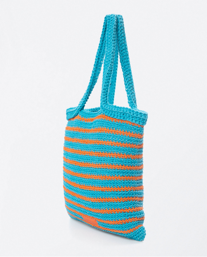 Crochet woven shoulder shopper bag. e and brown st Turquoise