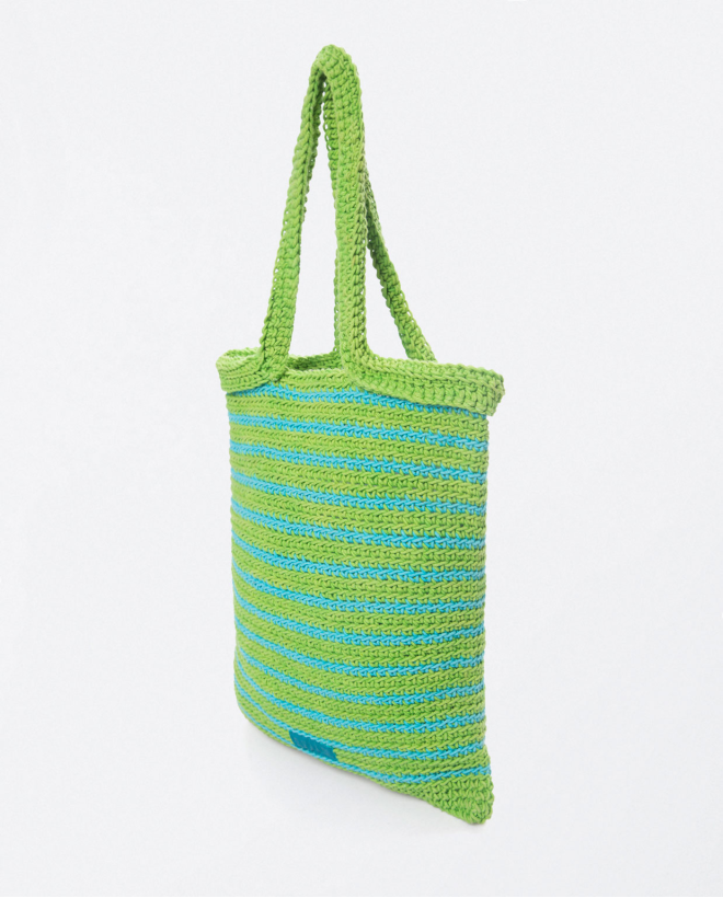 Crochet woven shoulder shopper bag. e and brown st Acid green