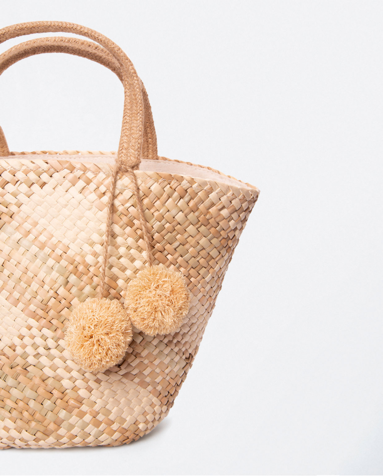 Cesta de yute con asas y pompones Rayas Amarillo