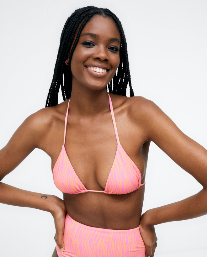 Triangle bikini top with thin straps. Pink