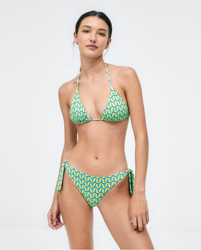 Triangle bikini top with thin straps. Acid green