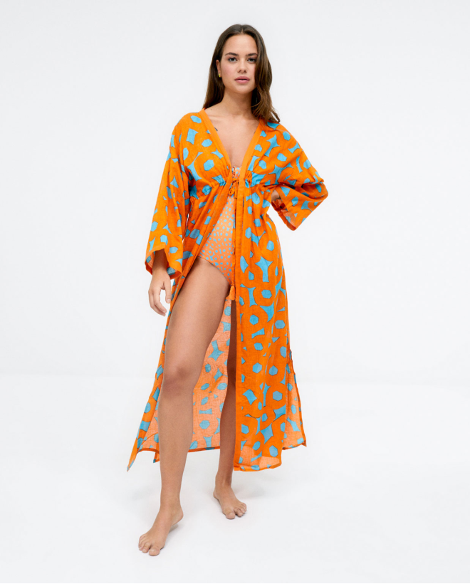 Long kimono knotted at the chest printed Orange