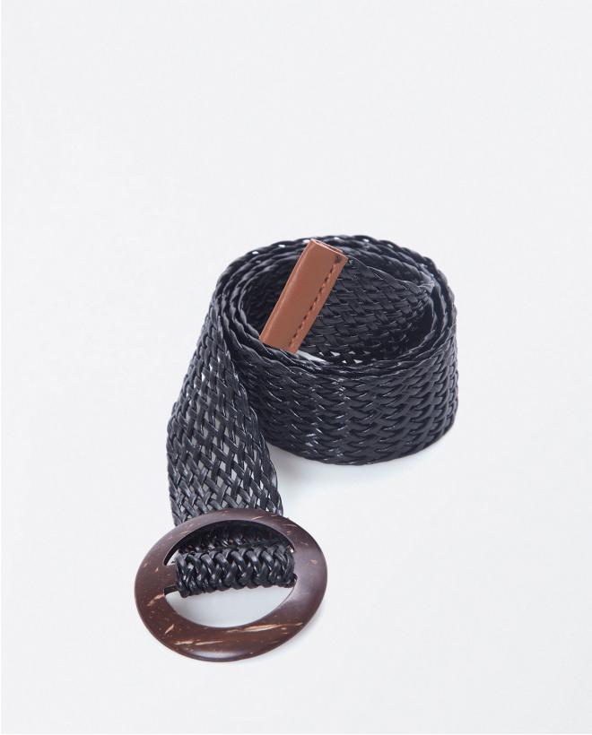 Wide raffia belt with buckle Black