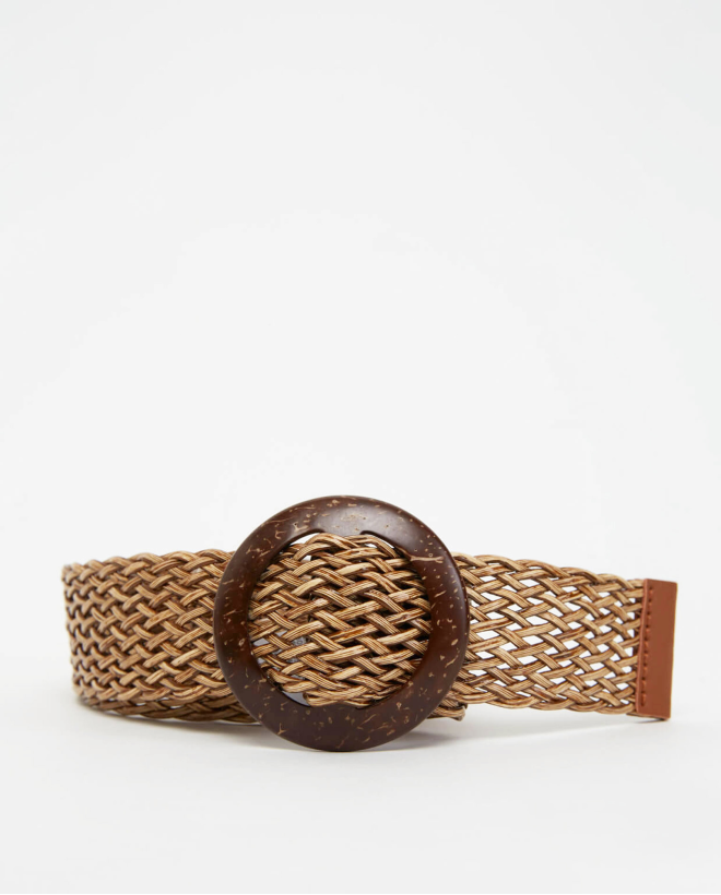 Wide raffia belt with buckle Beige
