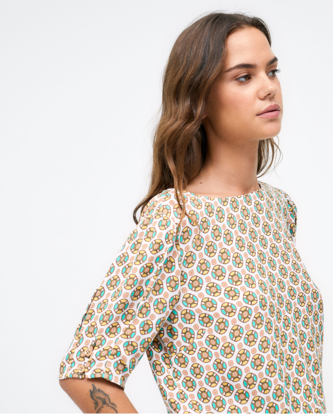 French sleeve geometric print blouse. Yellow