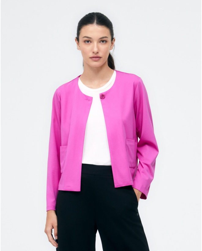 Short jacket without collar. Button fastening. Pla Fuchsia