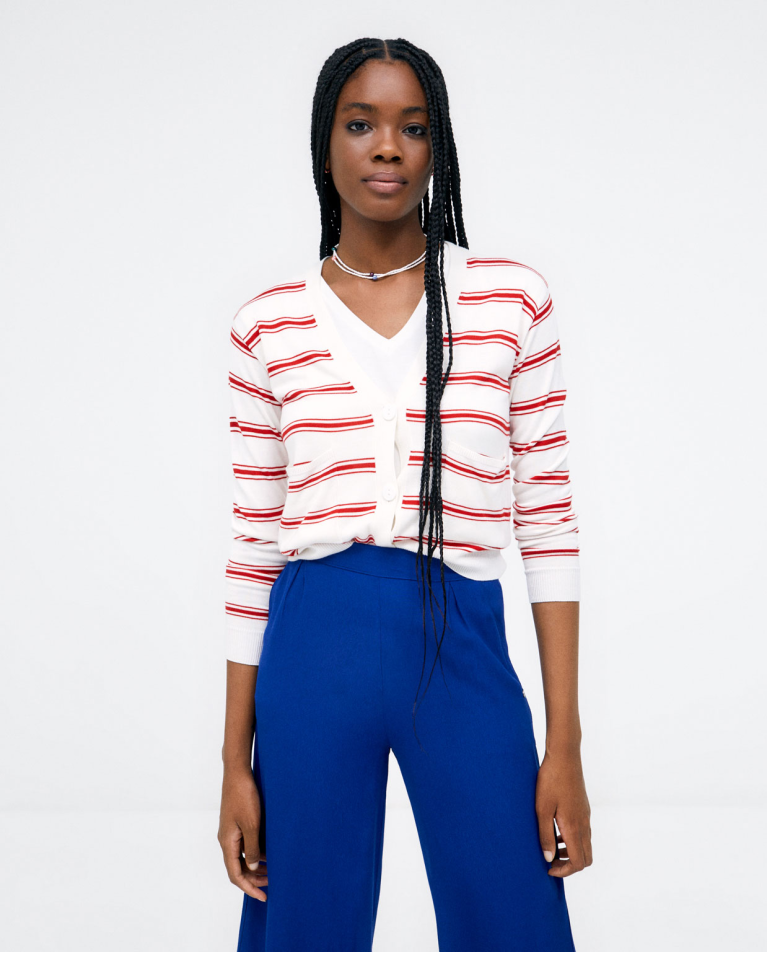 Knitted cardigan with pockets. Stripes Red