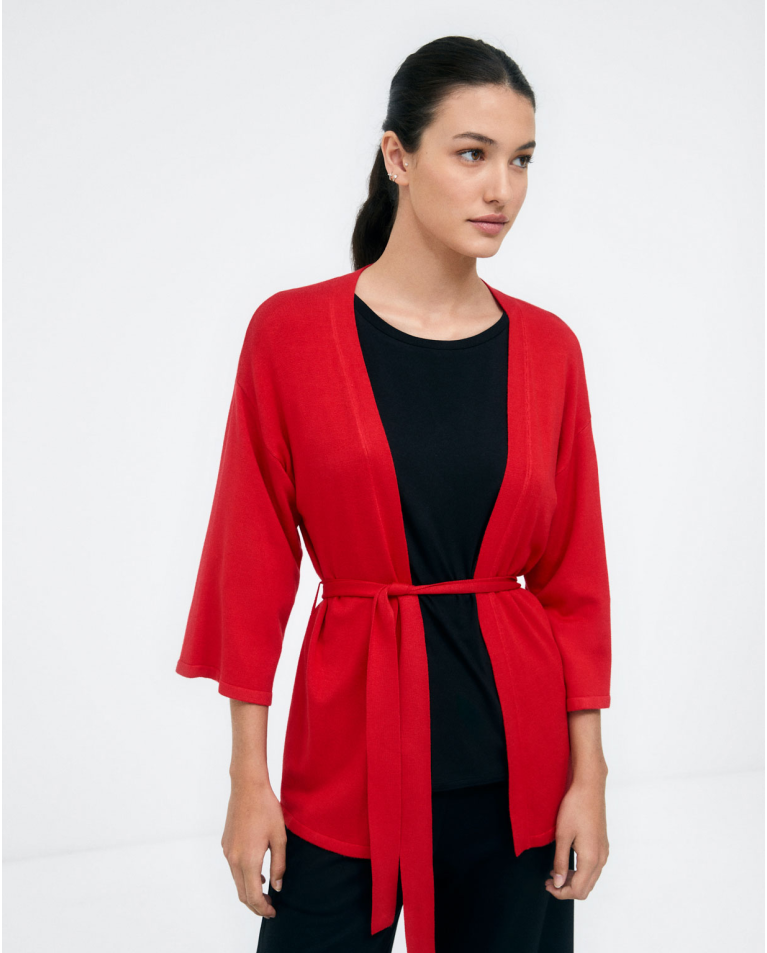 3 4 sleeve knitted cardigan with belt. Plain. Red