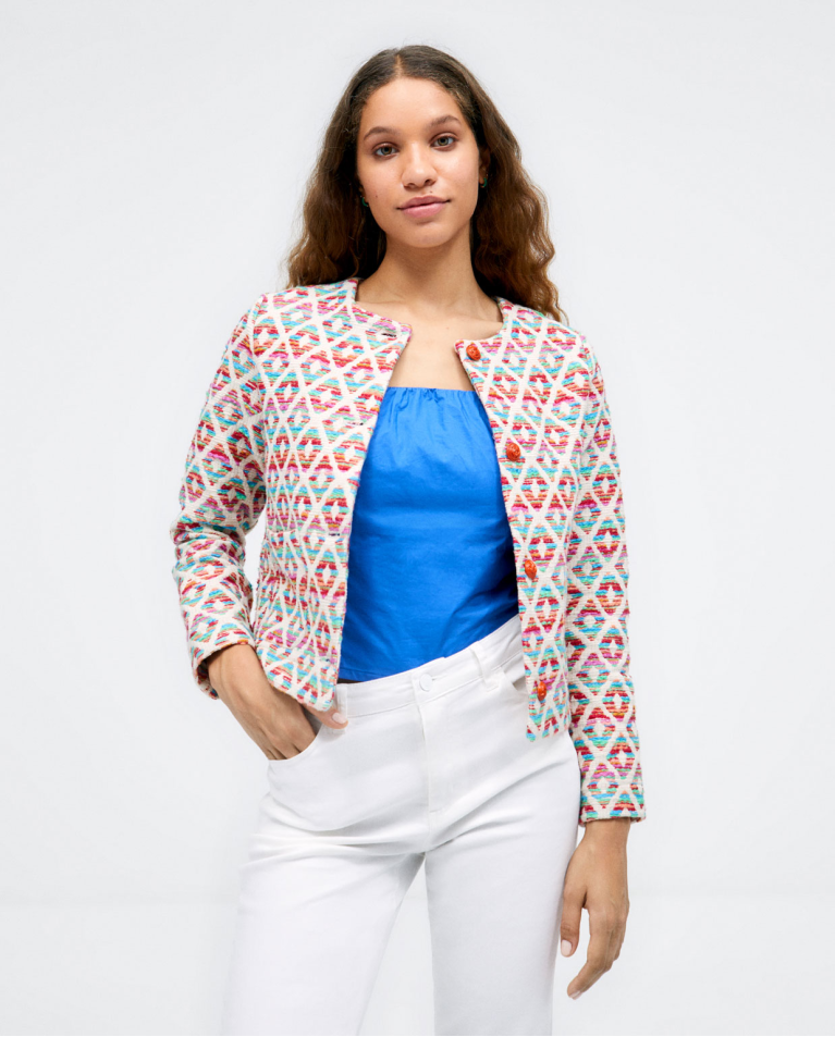 Short jacket without collar. Button fastening. Multi