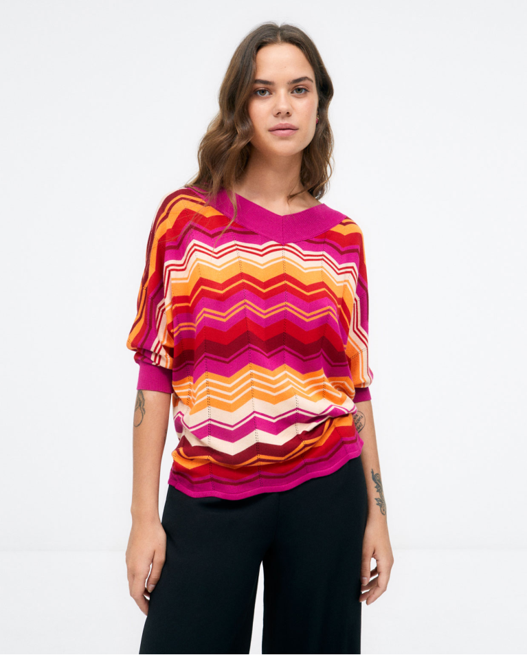 3 4 sleeve knitted jumper. Stripes Fuchsia