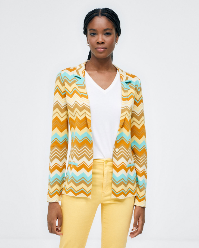 Knitted jacket with pockets. Stripes Yellow